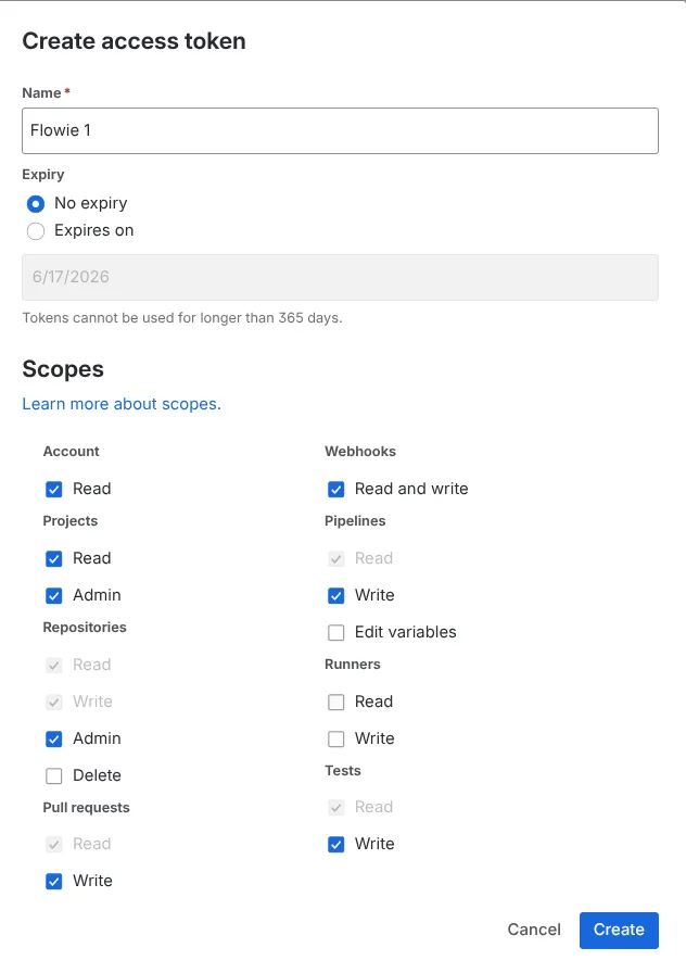 Create access token required scopes
