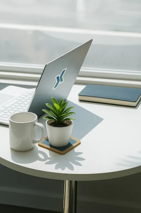 Laptop with Flowie sticker on top of desk